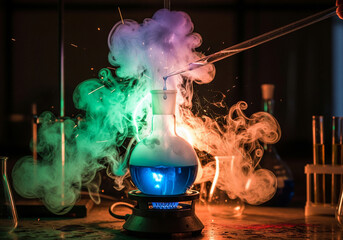 Dynamic chemical reaction in a lab. A heated flask with blue liquid releases vibrant green, blue, orange smoke, symbolizing scientific discovery and experimental research