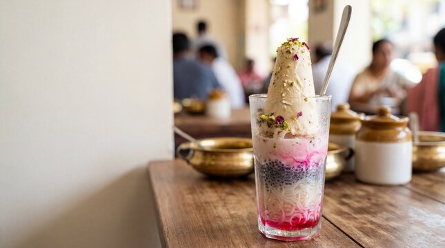 Refreshing Kulfi Falooda dessert in a glass with pistachios and rose petals