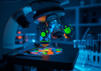 Advanced microscopic visualization of glowing cellular patterns and molecular components, crucial for pioneering genetic research and innovative medical nanotechnology development