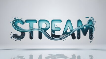 Stream typography with water effect on white background, 3d rendering of blue letters