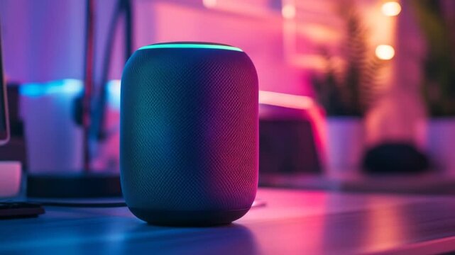 Smart Speaker on Desk with Neon Lighting Ambiance.