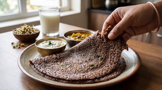 Hand breaking Ragi Dosa with chutneys and sprouts