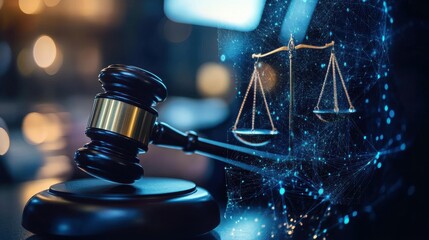 Conceptual digital representation of modern legal technology incorporating a traditional wooden gavel and the glowing scales of justice symbolizing fairness
