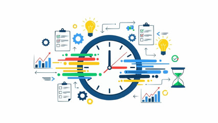 Obraz premium Time Management and Productivity - Clock with Tasks and Charts Illustration.