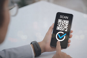 Hands holding mobile phone scanning qr code on screen for digital payment and secure identity verification technology concept with blue check mark