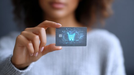 Person holding digital credit card with shopping cart icon
