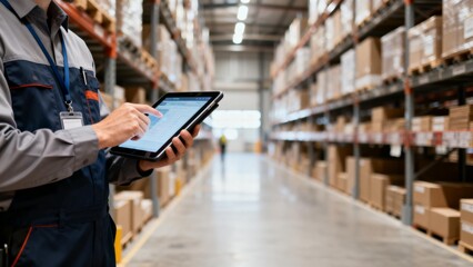 Warehouse worker using tablet for inventory