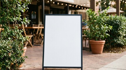 Blank advertising sandwich board positioned outside a sunny restaurant patio ready for custom promotional text or outdoor business messages