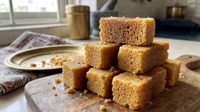 Delicious Mysore Pak stacked on wooden board, traditional Indian sweet