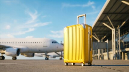 Bright yellow rolling suitcase stands ready on the tarmac near a large commercial airplane waiting for boarding under a clear blue sky
