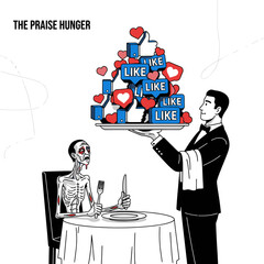 Starving Man Served Plate of Social Media Likes Addiction Concept