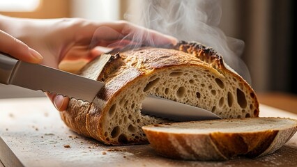 Hand cutting fresh baked bread loaf.