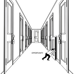Man Struggling to Enter Small Door in Hallway of Opportunities Concept