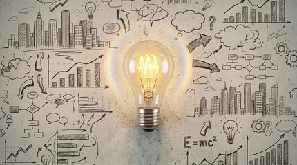Glowing incandescent light bulb symbolizes brilliant inspiration and innovative business strategy development surrounded by conceptual hand drawn sketches of progress
