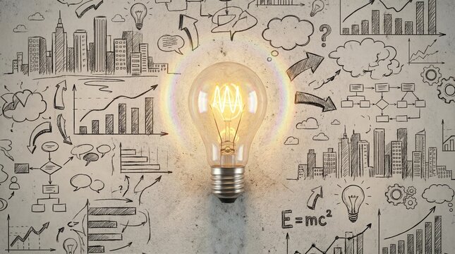 Glowing incandescent light bulb symbolizes brilliant inspiration and innovative business strategy development surrounded by conceptual hand drawn sketches of progress - Powered by Adobe
