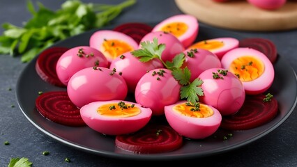 Pink pickled deviled eggs on plate.