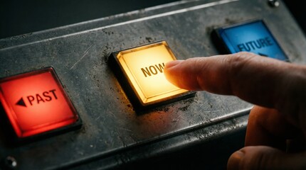Decisive moment captured as a human finger presses the glowing yellow button labeled now between past and future choices