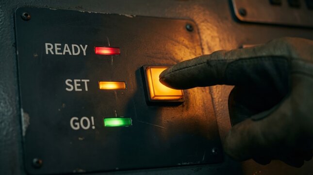 Close up of a gloved hand depressing the illuminated amber activation button on a distressed industrial panel marked ready set go