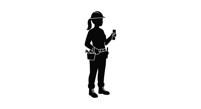 Female construction worker with tool belt and phone a striking black silhouette