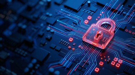 Illuminated digital padlock rests upon a futuristic dark blue circuit board representing complex network security and data protection concepts effectively.