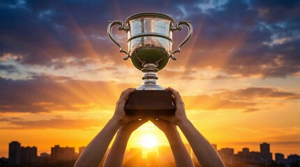 Multiple hands proudly raise a gleaming silver championship trophy high above a silhouetted city skyline against a dramatic golden sunset sky.