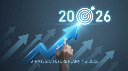 Businessman pointing towards a glowing upward trend arrow symbolizing strategic future planning and goal achievement targeted for the year 2026