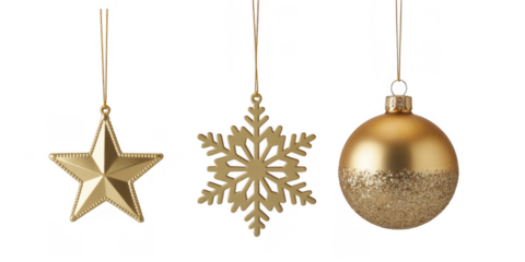 Gold Christmas ornaments hanging on black gold ornaments isolated on a transparent background