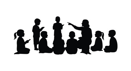 A group of children and an adult interacting captured in a striking black silhouette