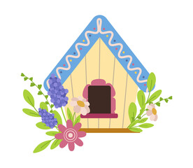 Charming bird house, birdhouse decorated with flowers. Decor elements of delicate spring and summer flowers vector illustration