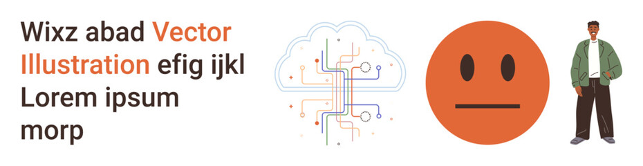 Fototapeta premium Technology, emotions, data analysis, communication, AI, human interaction. Cloud outline with circuitry, neutral emotion and person standing. Technology and emotions meet in conceptual design