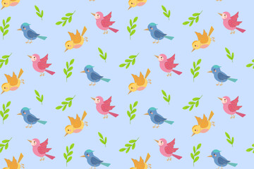 Stylish repeating and seamless vector pattern of colorful birds and leaves. Vector illustration
