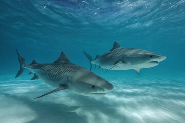 Fototapeta premium Tiger sharks gracefully swim through the clear ocean waters in slow motion, showcasing their powerful bodies and unique patterns beneath the surface