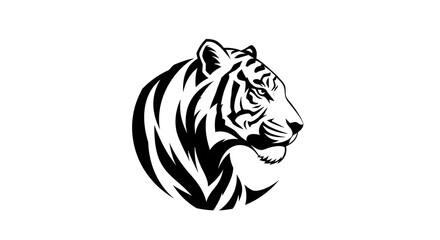 Stylized black and white illustration depicts a proud tiger's head in profile