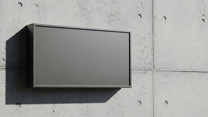 Minimalistic dark grey sign box on fair-faced concrete wall background