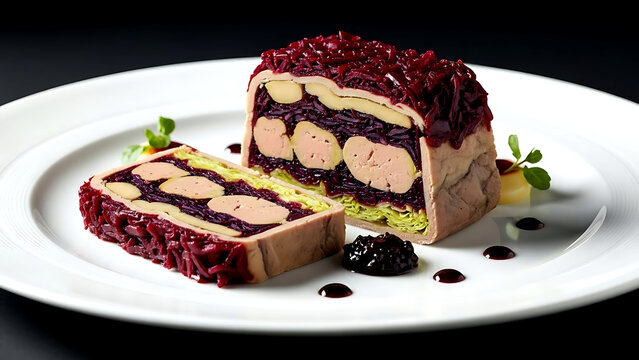 Haute cuisine. French Terrine de Li&egrave;vre &agrave; la Royale reinterpreted with cabbage, featuring layers of hare, foie gras, fine brunoise of spiced red cabbage in an aspic, with a port gel&eacute;e 