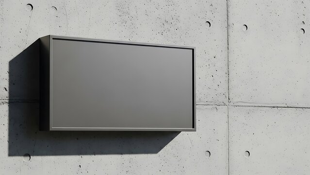 Minimalistic dark grey sign box on fair-faced concrete wall background