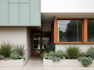 Modern home facade showcasing clean architectural lines and green landscaping