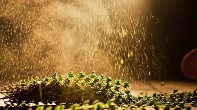 A bundle of fresh thyme being struck, releasing a cloud of tiny leaves into a sunbeam.