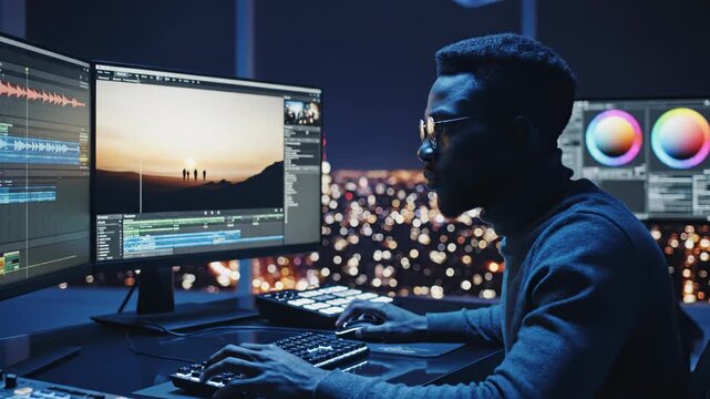 Man working on video editing project on computer with multiple monitors at night in office