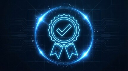 Digital glowing blue certification badge with a prominent checkmark symbolizing certified excellence and high quality standards within a futuristic network design