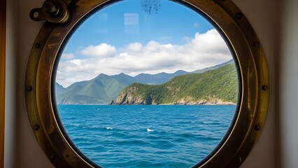 Scenic ocean view through porthole window.