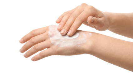 Woman Applying Cream on Hands: Moisturizing Skincare Routine on White
