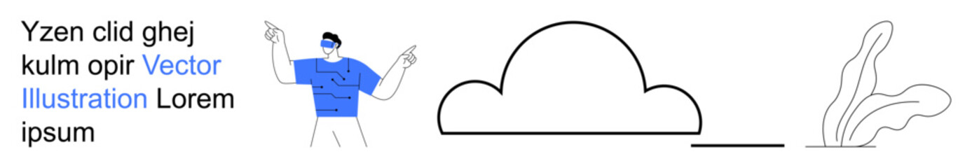 Technology, communication, cloud storage, creative design, digital media, minimalism. A man gestures near a cloud drawing and abstract plant. Technology and communication as minimal design concept