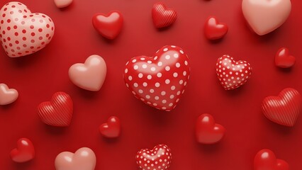 Scattered red and white hearts with varied patterns on a vibrant red background, viewed from directly above.