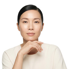 Elegant Asian Woman Portrait with Hand on Chin on White Background