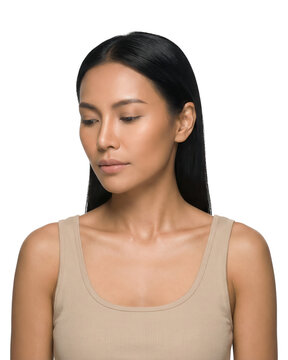 Serene Asian Woman with Sleek Hair Looking Down on White