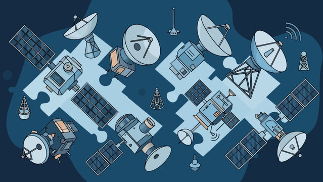 Interconnected space technology satellites and communication dishes form a complex cosmic puzzle representing global network integration and satellite systems. - Powered by Adobe