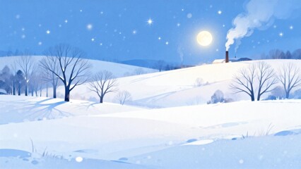 Snowy landscape with moon and smoke