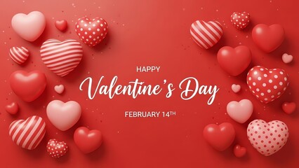 Valentine's Day Celebration with Decorative Hearts and Ornaments on Red Background