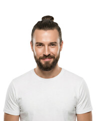 Fototapeta premium Smiling Man with Beard and Top Knot on White